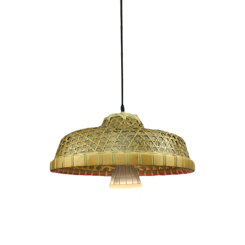 Rustic Bamboo Hanging Lamp - Single Light Hat-Shaped Drop For Restaurants