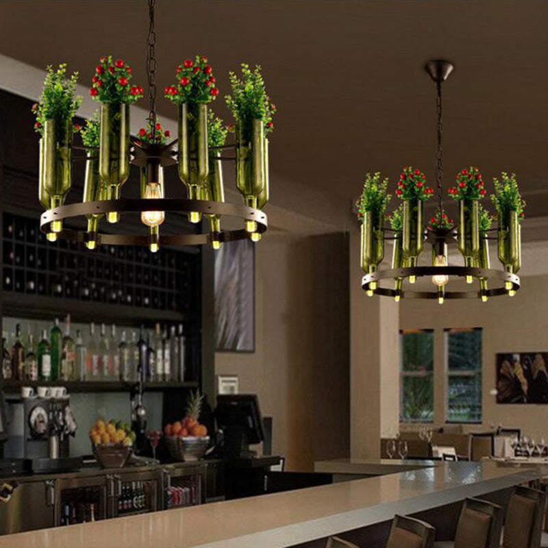 Iron Circular Chandelier Pendant Lamp in Black with Glass Pot and Plant - Restaurant Suspension Lighting