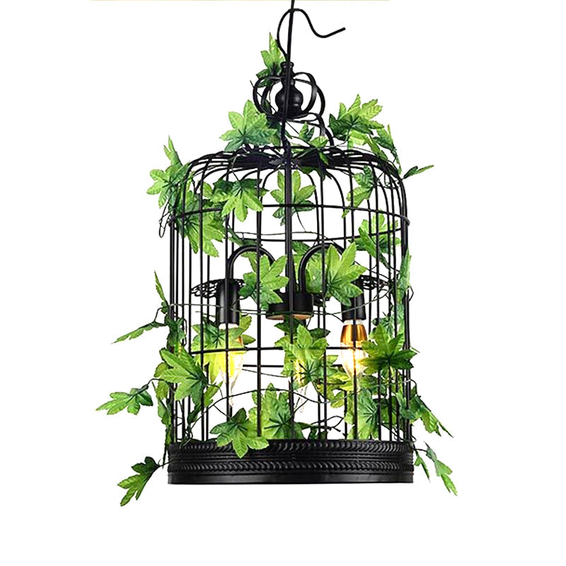 4-Head Plant Pendant Chandelier with Basket/Bowl Iron Cage - Black, Ideal for Rural Restaurants