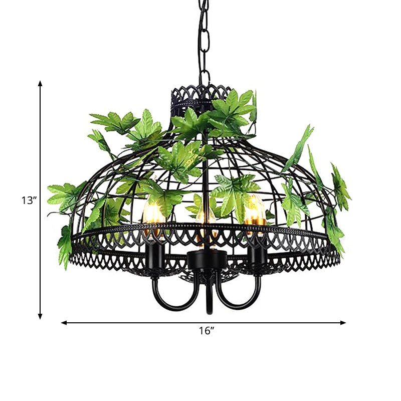 4-Head Plant Pendant Chandelier with Basket/Bowl Iron Cage - Black, Ideal for Rural Restaurants