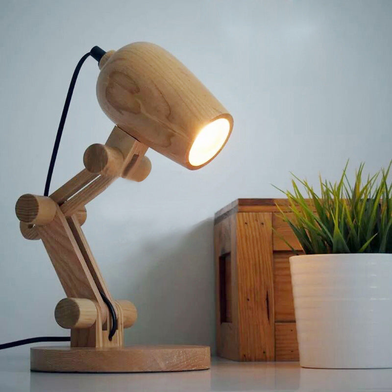 Robot Table Light Nordic Wood Kids Bedside Led Nightstand With Swing Arm In Brown