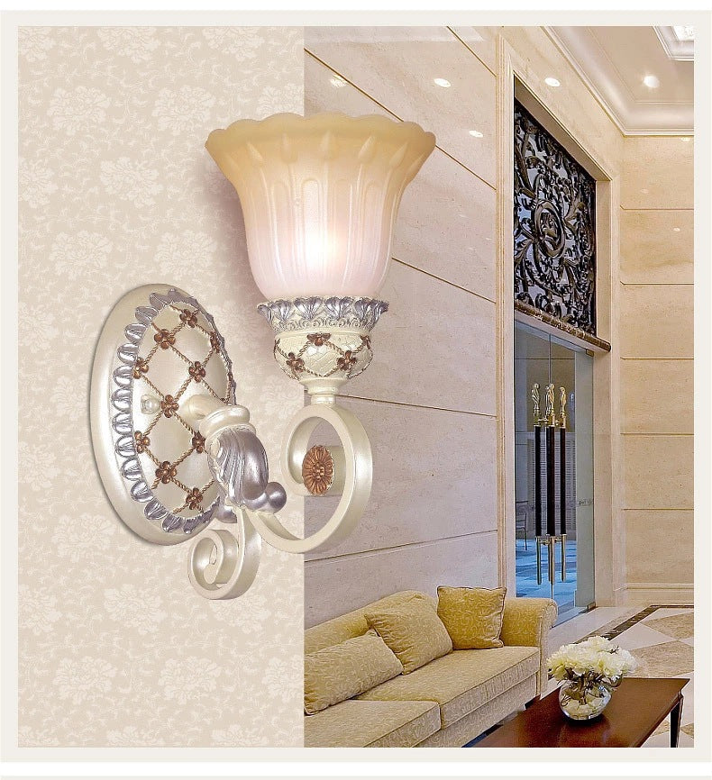 French Country Blossom Wall Sconce - Opaline Glass Lighting With Swirl Arm In Gold 1 /