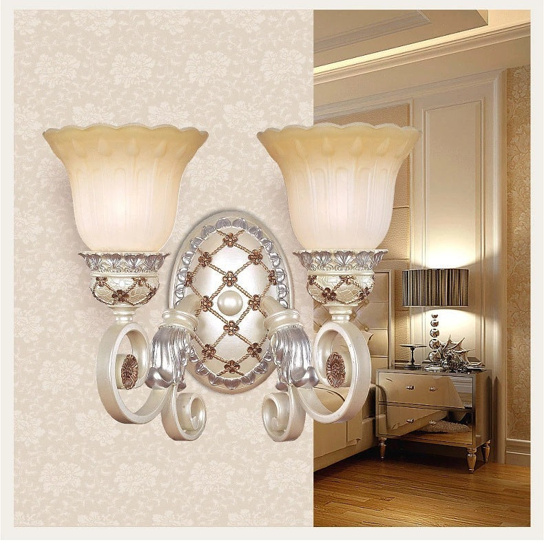 French Country Blossom Wall Sconce - Opaline Glass Lighting With Swirl Arm In Gold 2 /