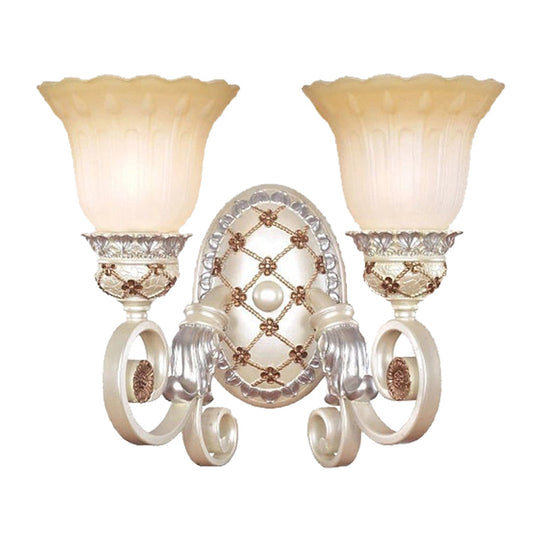 French Country Blossom Wall Sconce - Opaline Glass Lighting With Swirl Arm In Gold