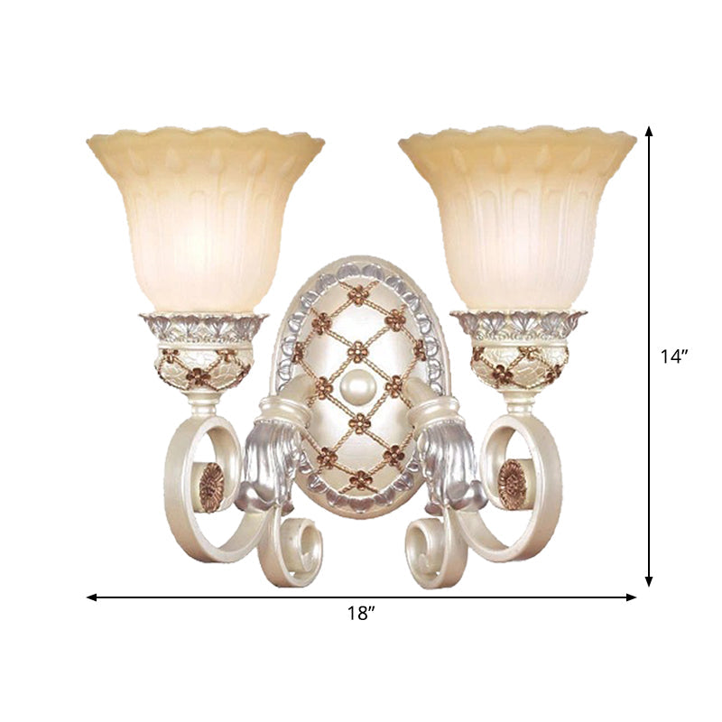 French Country Blossom Wall Sconce - Opaline Glass Lighting With Swirl Arm In Gold
