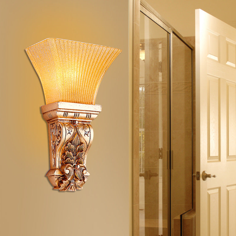 Gold Wall Mount Lamp With Amber Fluted Glass - Loft Style Trapezoid Lighting Fixture