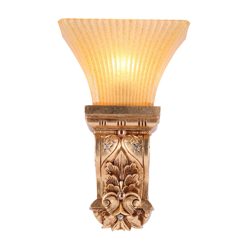 Gold Wall Mount Lamp With Amber Fluted Glass - Loft Style Trapezoid Lighting Fixture