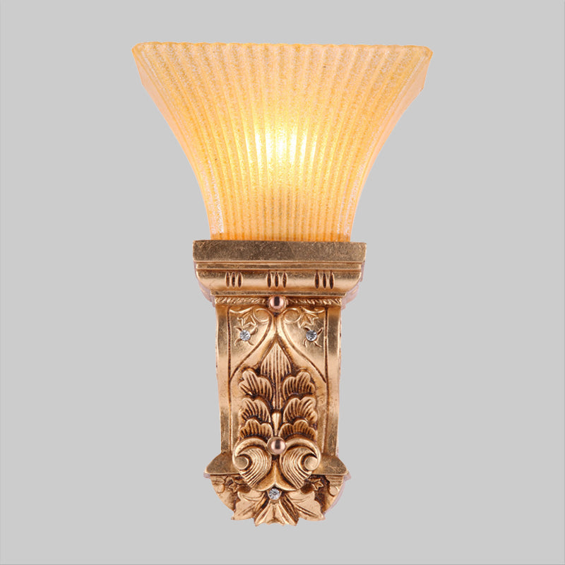 Gold Wall Mount Lamp With Amber Fluted Glass - Loft Style Trapezoid Lighting Fixture