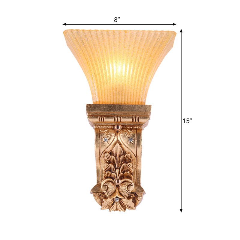 Gold Wall Mount Lamp With Amber Fluted Glass - Loft Style Trapezoid Lighting Fixture