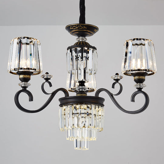 Minimalist 3-Tier Crystal Rectangle Chandelier With Conical Black Shade 3/6 Lights - Ceiling