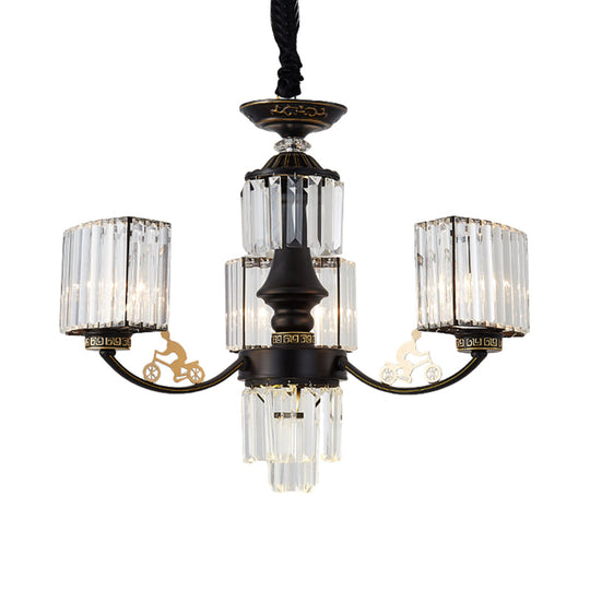 Modern Black Cuboid Chandelier with Clear Crystal Shades - 3/6 Heads Ceiling Light Fixture