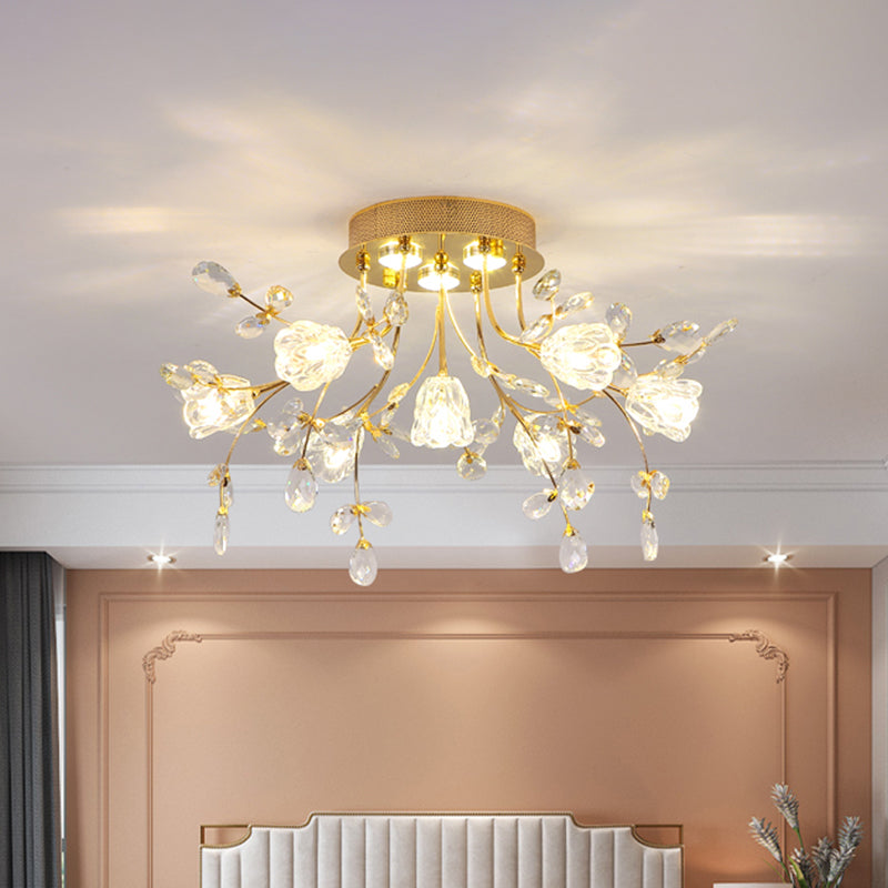 Golden Hand-Cut Crystal Semi Flush Mount Ceiling Fixture With 7 Lights For Sitting Room Gold