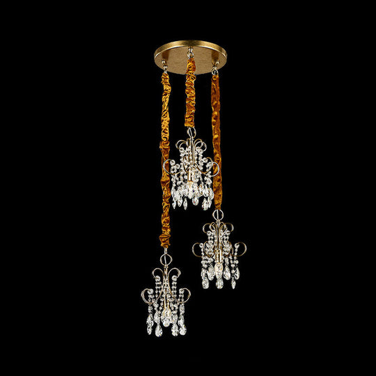 Simplistic Gold Metal Curvy Arm Multi Pendant Light With Crystal Strands - 3 Heads Ceiling Lighting