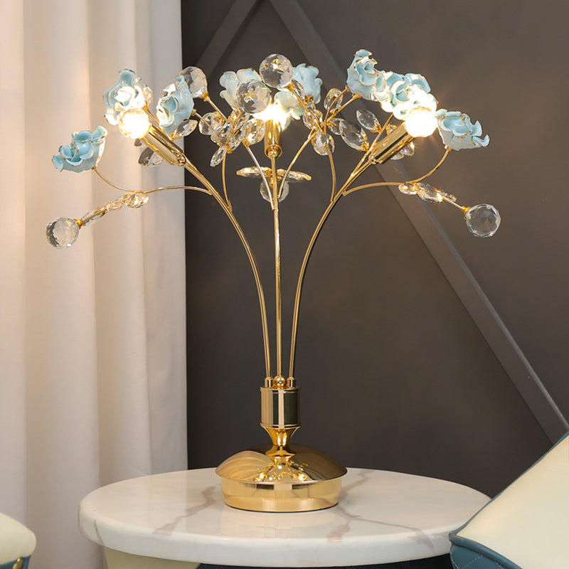 Gold Ball Desk Lamp With Crystal Faceted Shade And Ceramic Flower Design - Modern Nightstand Light