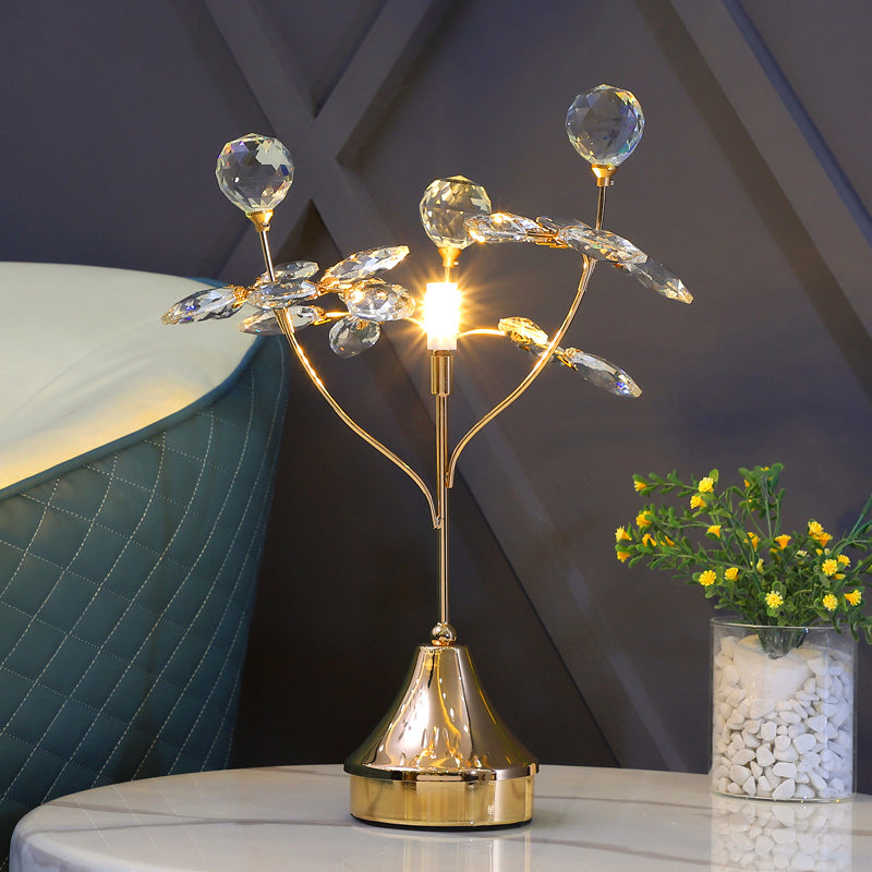 Modern Gold Table Lamp With Faceted Crystal Ball And Leaf Accent - Single Head Night Light