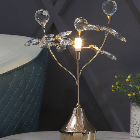 Modern Gold Table Lamp With Faceted Crystal Ball And Leaf Accent - Single Head Night Light