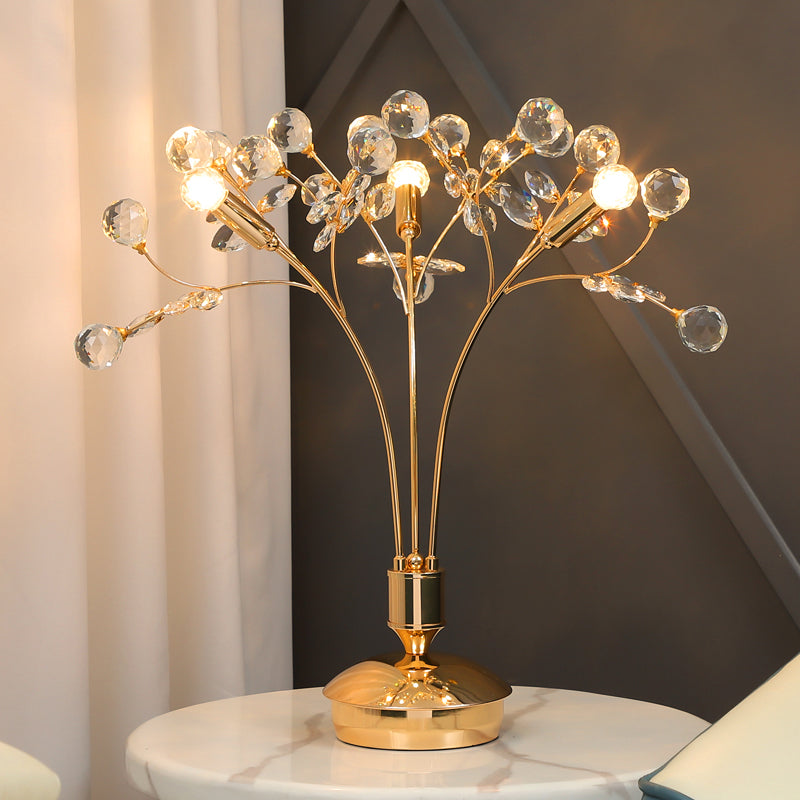 Minimalist Beveled Crystal Nightstand Lamp - 3-Light Gold Desk Lighting With Pedestal