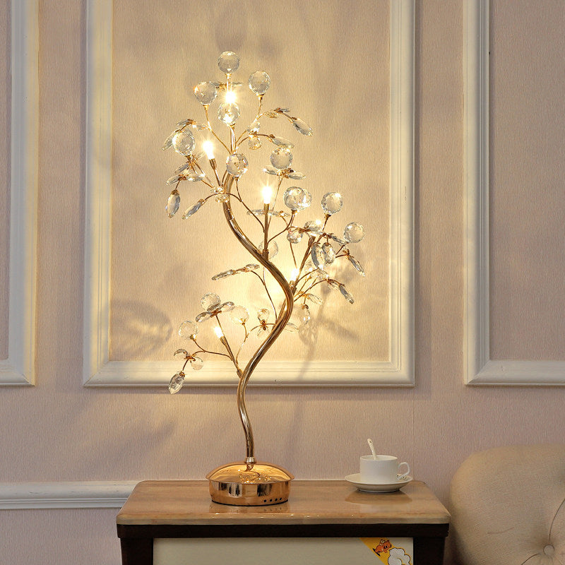Leaf Sleeping Room Desk Light- Gold Tree Design- 6-Bulb Night Lamp With Cut Crystal- Contemporary
