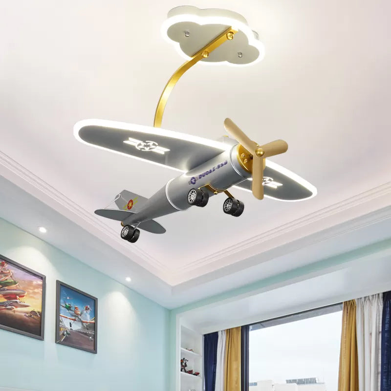 Cartoon Plane Silver Led Flush Mount With Cloud Canopy For Kids Bedroom