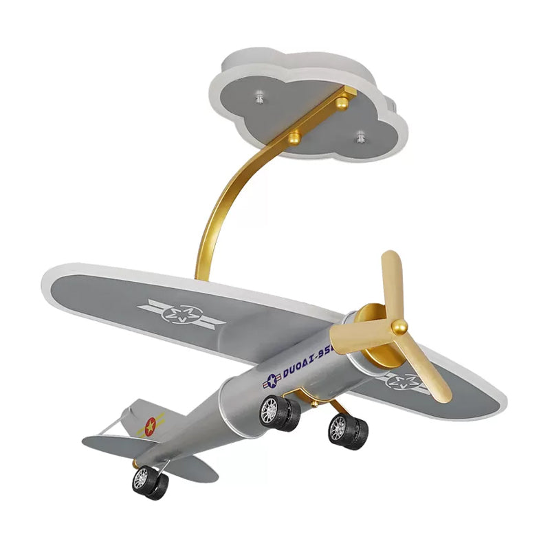 Cartoon Plane Silver Led Flush Mount With Cloud Canopy For Kids Bedroom