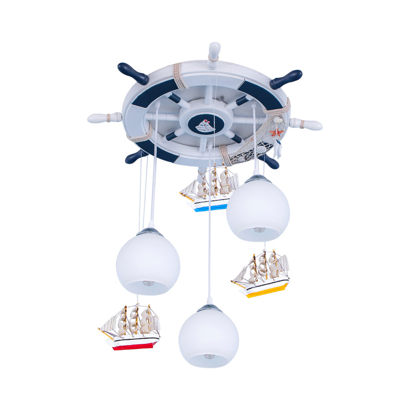 Nautical Glass Pendant Light with 3 Opaque Globe Shades, Nursery Lamp in White