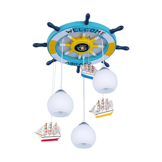 Globe Down Lighting Nautical Opaque Glass 3 Heads Nursery Multiple Lamp Pendant with Rudder Canopy in White