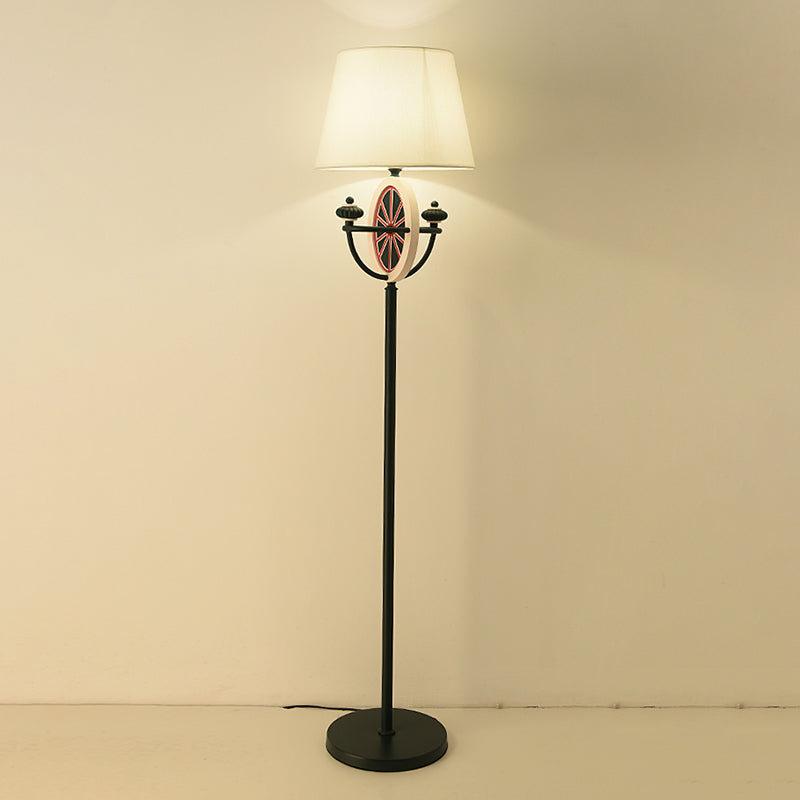 Mediterranean Barrel Floor Lamp - Black Fabric 1 Bulb Round & Bowl Frame Design
