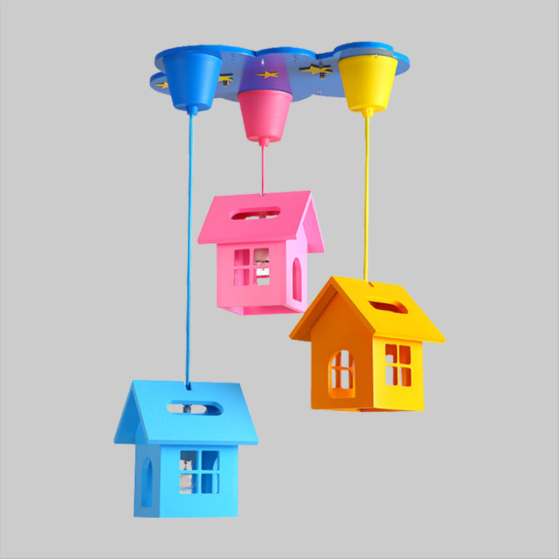Kids Houselet Playroom Multi-Pendant Wood Ceiling Lamp - 3 Bulbs Blue-Pink-Yellow
