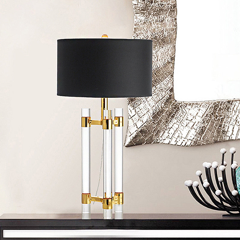 Countryside 1-Light Black Drum Fabric Table Lamp With Crystal Rod - Perfect For Bedroom Night