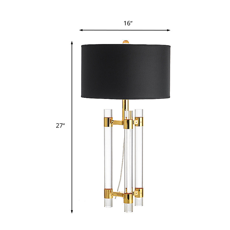 Countryside 1-Light Black Drum Fabric Table Lamp With Crystal Rod - Perfect For Bedroom Night