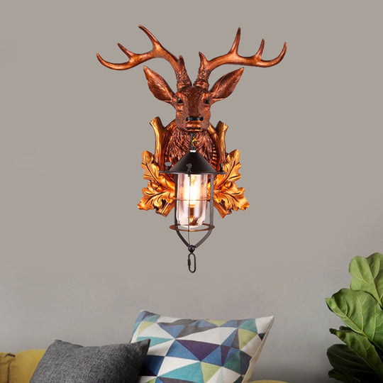 Traditional Deer Head Wall Sconce Lighting: 1-Light Resin Lamp In Brown With Stylish Cage Fixture