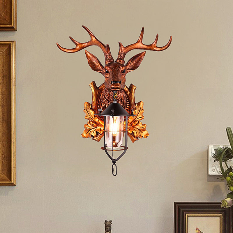 Traditional Deer Head Wall Sconce Lighting: 1-Light Resin Lamp In Brown With Stylish Cage Fixture