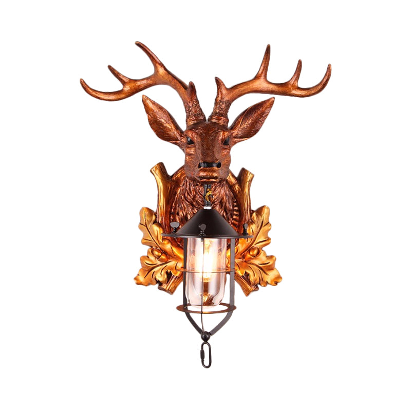 Traditional Deer Head Wall Sconce Lighting: 1-Light Resin Lamp In Brown With Stylish Cage Fixture