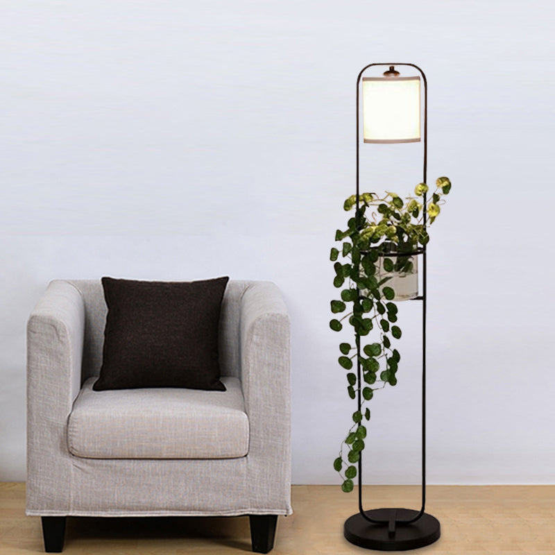 Modern Black Fabric Drum Floor Lamp With Clear Glass Pot Deco - 1/2-Light Lighting For Warehouses