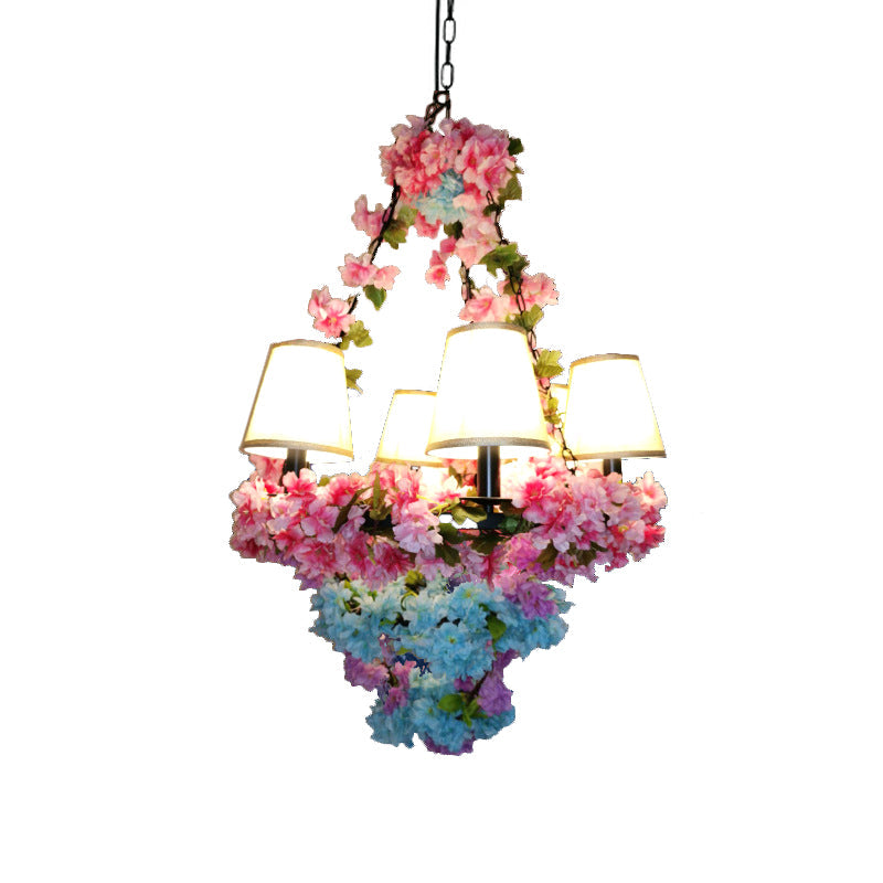 Blossoming Farmhouse LED Chandelier in Black/Pink/Green for Dining Room Lighting