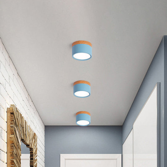 Small Macaron Metal Flush Mount Ceiling Light For Kitchen Bar - Yellow/Blue/Black & Wood Blue