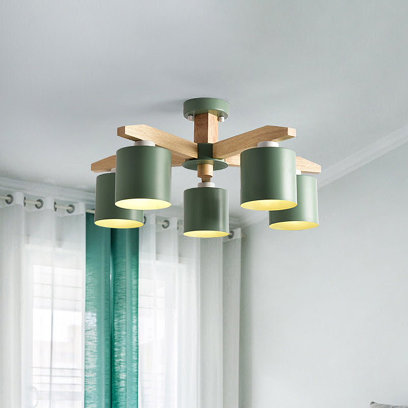 Nordic 6-Head Metal Ceiling Chandelier With Wood Arm In White/Green/Grey