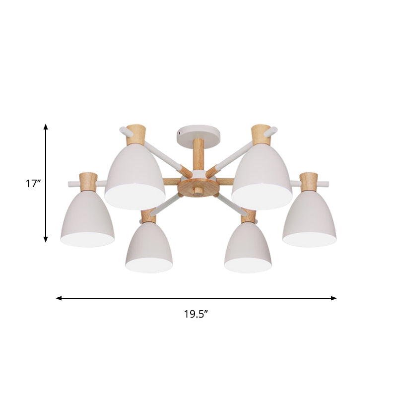 Nordic Bell Shaped Hanging Light Chandelier With Wood Accent - 6 Bulbs White