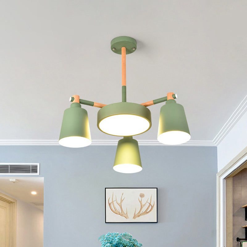 Contemporary Macaron 3/5/8-Light Chandelier In Grey/Blue/White With Wood Suspension And Metal Bucket