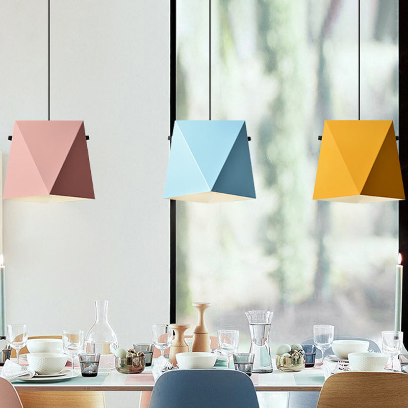 Geometric Pendant Ceiling Light In Macaron Iron Down Lighting With 1 Bulb - Pink/Black/Blue Pink
