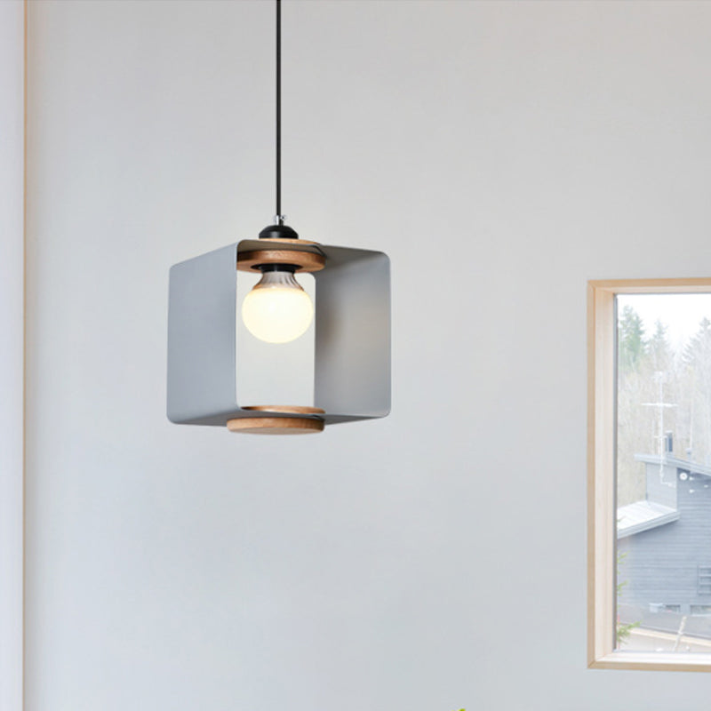 1-Light Macaron Yellow/Blue/White And Wood Pendant With Square Iron Frame - Bedroom Pendulum Light