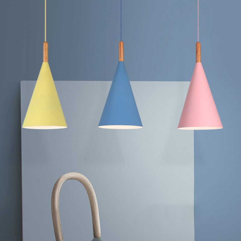 Conical Kindergarten Ceiling Pendant - 1-Light Macaron Hanging Light Fixture In Pink/Yellow/Grey