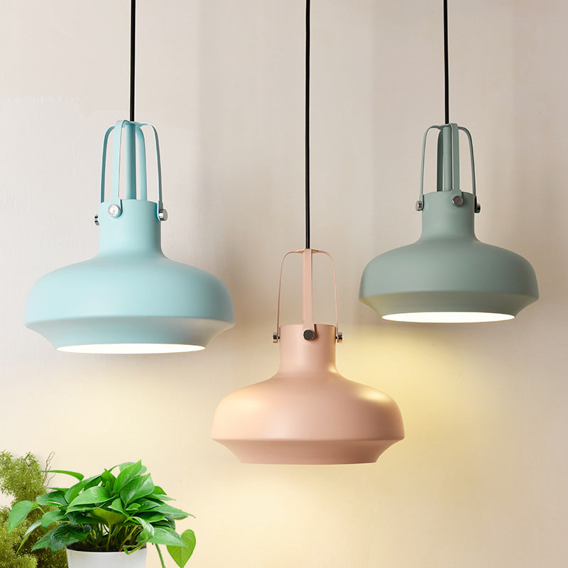 1 Head Macaron Pot Pendant Ceiling Lamp With Gripper In Pink/Blue/Grey - Aluminum Restaurant Down
