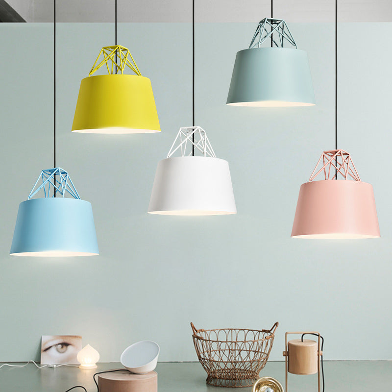 Macaron Drop Pendant Hanging Lamp In White/Pink/Blue With Aluminum Shade And Wire Top Yellow