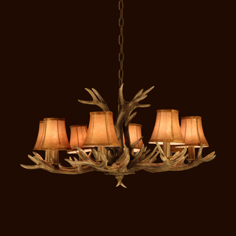8-Head Faux Antler Pendant Lamp With Rural Brown Fabric Shade - Chandelier Lighting For Dining Room