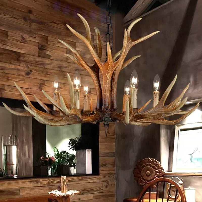 Rustic Countryside Stag Antler Chandelier - 6/8/10 Lights Pendant Fixture In Brown Resin For