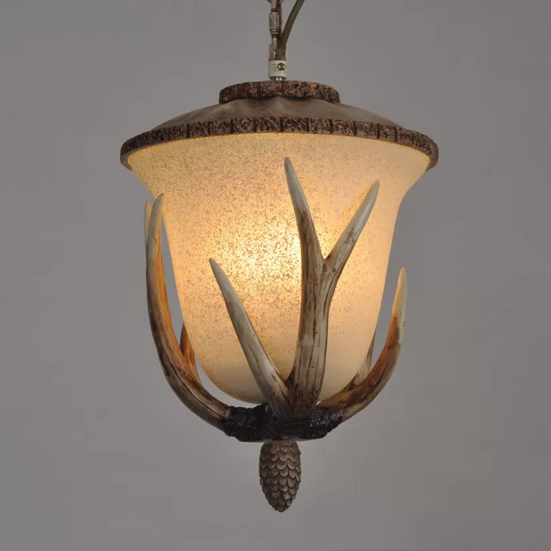 Antler Detailed Single-Bulb Pendant Light With White Glass Shade Rustic Brown Bistro Hanging Lamp