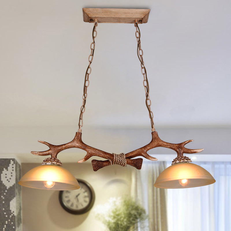 Milk Glass Bowl Pendant Light with Faux Antler for Dining Room - Rural Island Style (2 Bulbs)