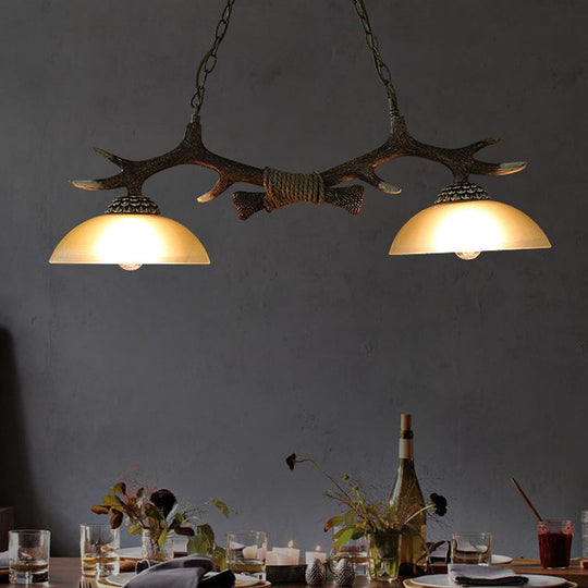 Milk Glass Bowl Pendant Light with Faux Antler for Dining Room - Rural Island Style (2 Bulbs)