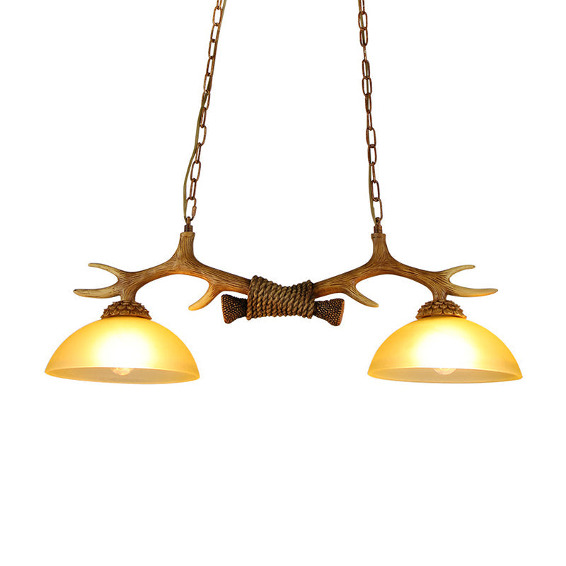 Milk Glass Bowl Pendant Light with Faux Antler for Dining Room - Rural Island Style (2 Bulbs)